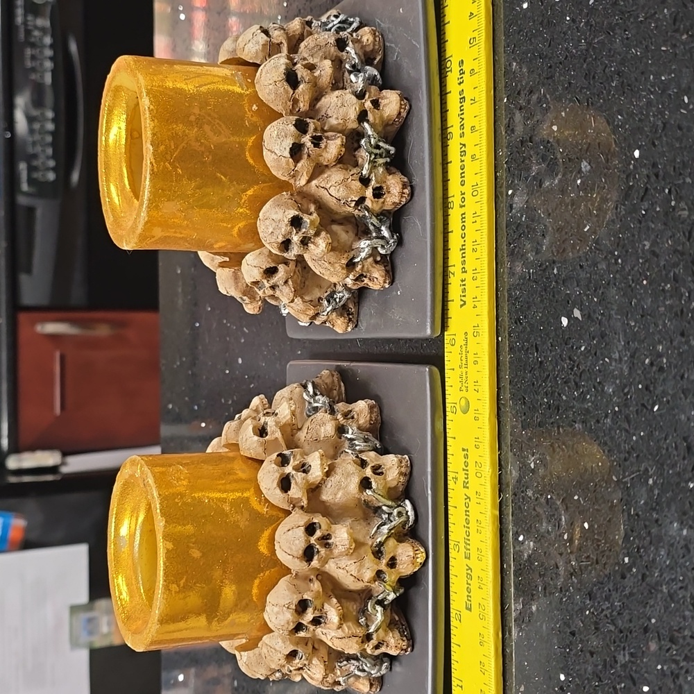 HOST PICK.Vintage Resin Skull Candle Holders with Chains & Ceramic 5 1/2" Plates